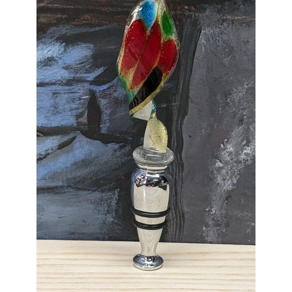 Murano Art Glass Wine Stopper Metal Barware In Box Red Aqua White  Gold specks